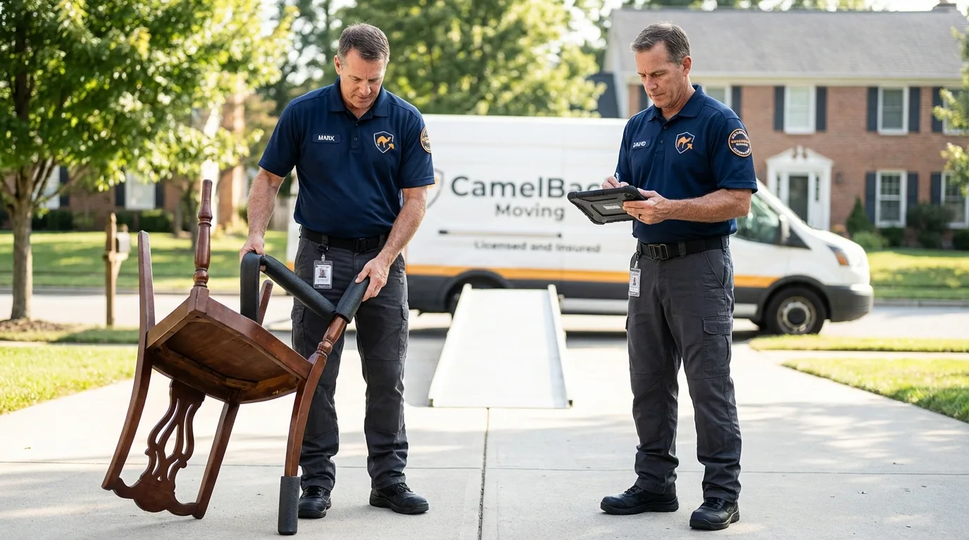 Movers inspecting furniture for damage prevention before loading in Shadyside, OH