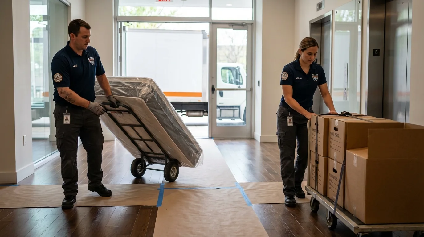 Professional apartment movers loading elevator in Shadyside, OH