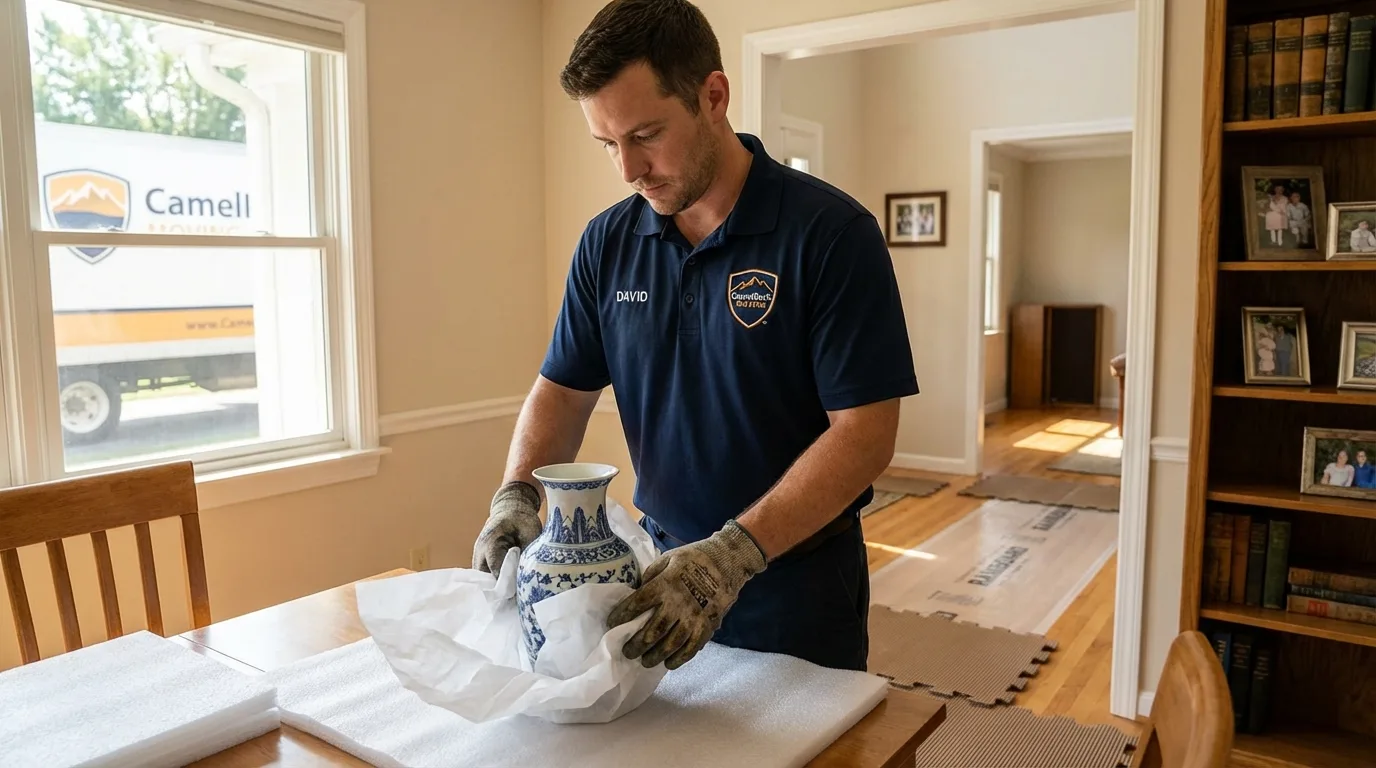 Professional crew carefully wrapping antique vase for senior downsizing move in Shadyside, OH